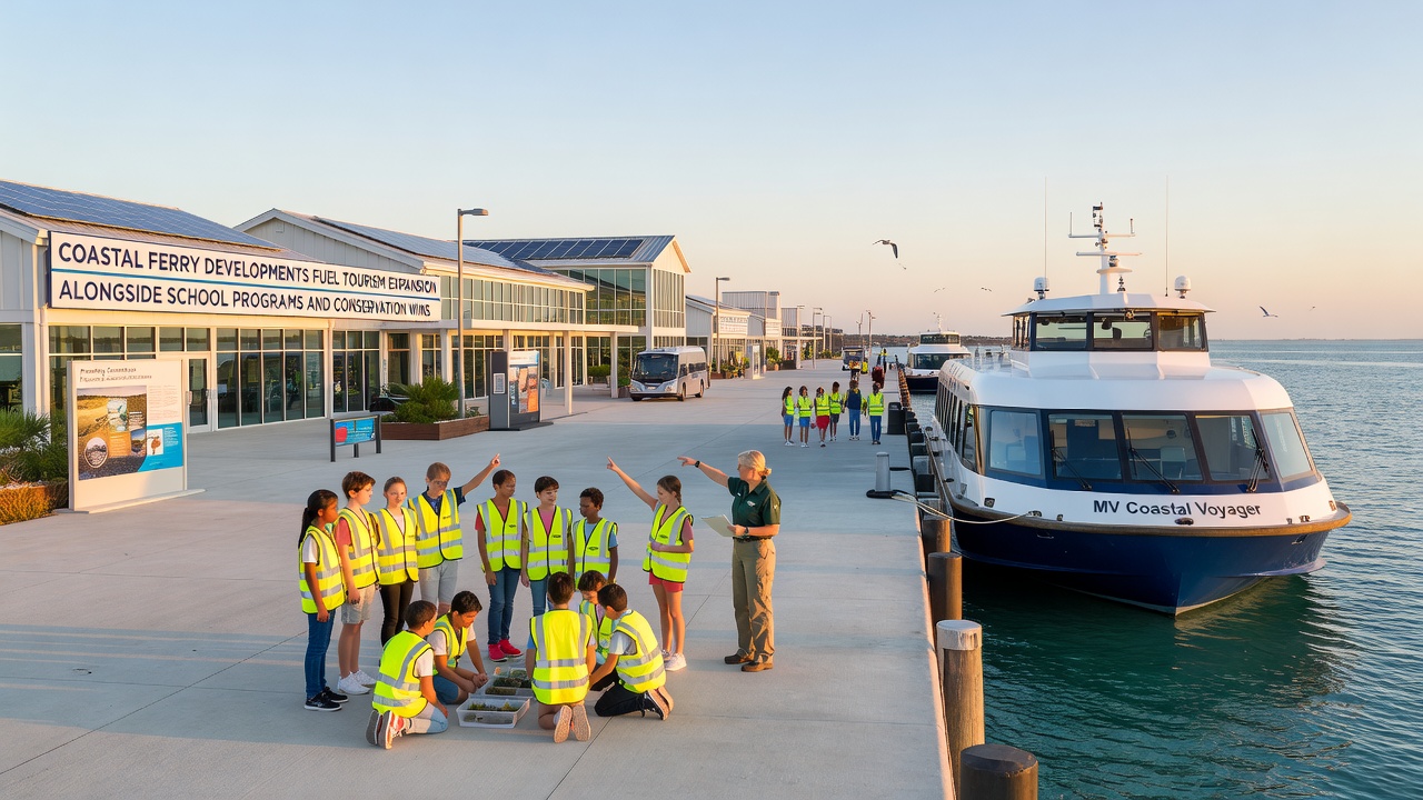 Students on a coastal ferry participating in a marine education program with conservation signage visible
